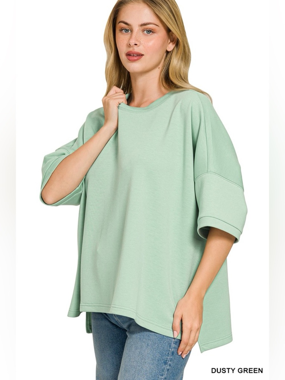 Zenana Scuba Oversized Top Side Slits Dusty Green Plus Size S/M–3XL🛍️